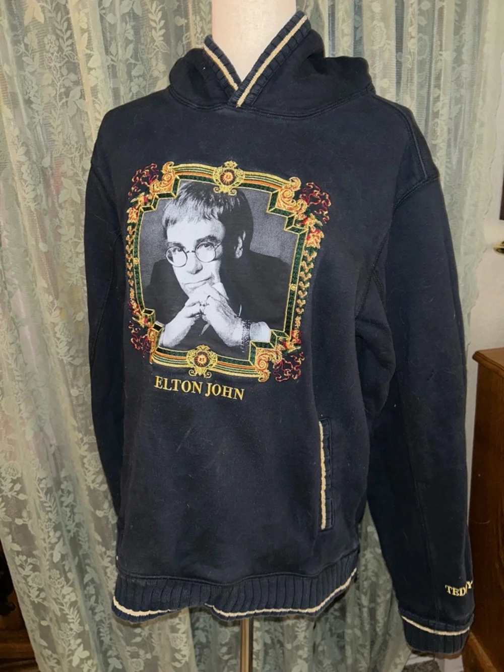Teddy Fresh x Elton John Black Graphic Embroidered Oversized Hoodie - Picture 1 of 6